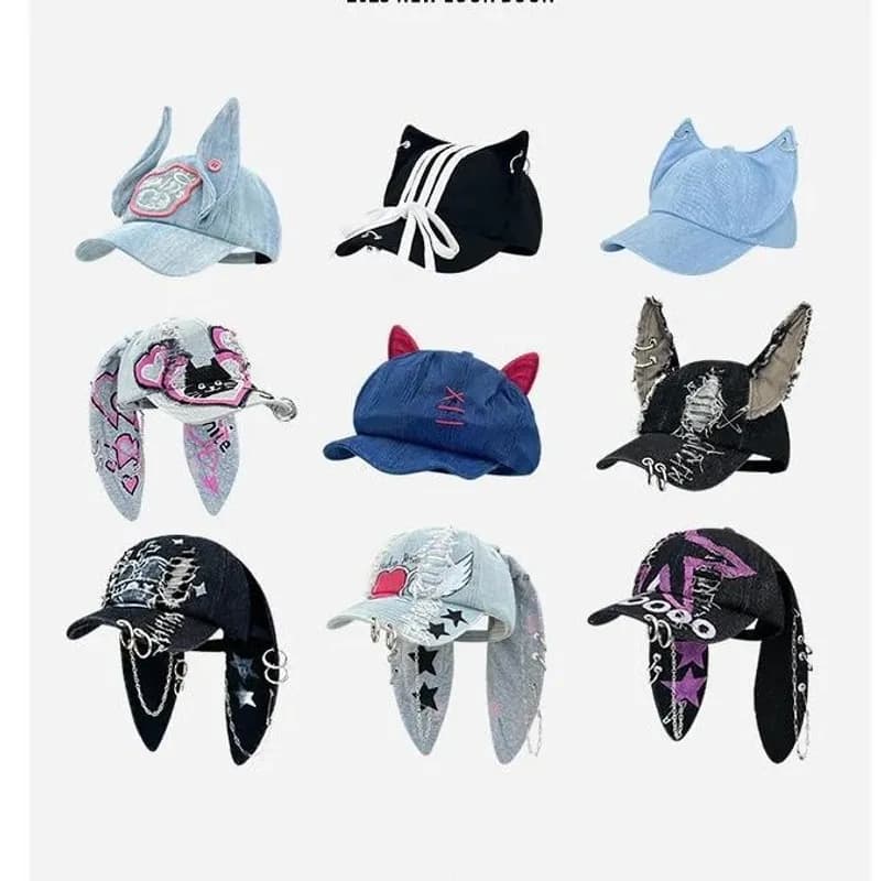 Korean newjeans same style rabbit ears washed hole denim baseball cap female hip hop hot girl street style peaked cap 27 - OrientDig Spreadsheet
