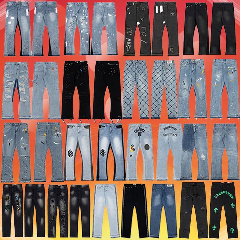 Foreign single GALLERY DEPT ink graffiti micro-flared stitching ripped casual loose jeans long pants trendy - OrientDig Spreadsheet
