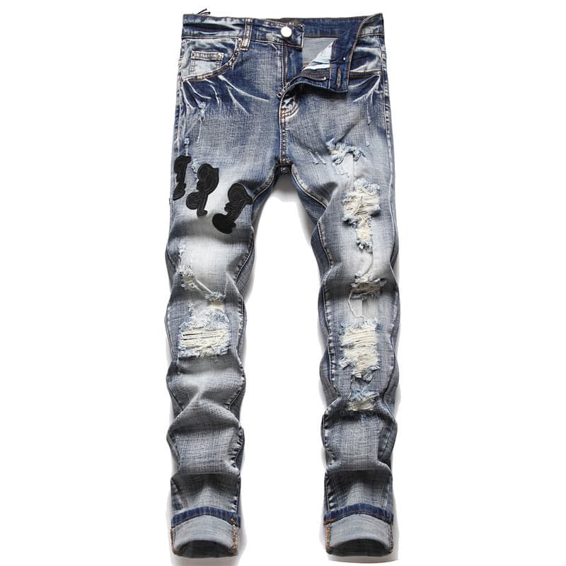 AM foreign trade style punk retro blue hole slim elastic printing dyeing skinny men's jeans - OrientDig Spreadsheet