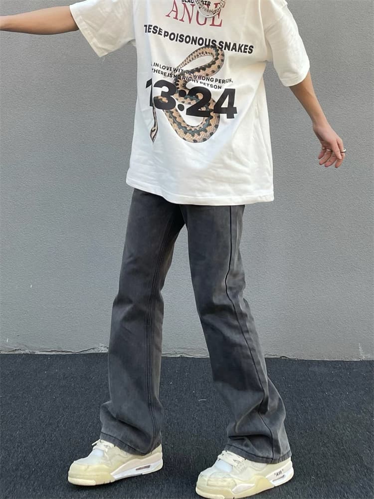 American retro washed gray straight slim jeans men's trend vibe style high street slim flared pants ins - OrientDig Spreadsheet