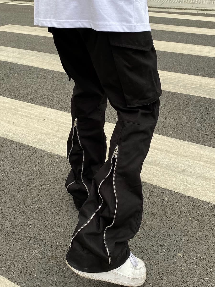 European and American high street vibe style pants black pocket zipper flared pants ins trendy straight overalls men's summer slightly elastic - OrientDig Spreadsheet