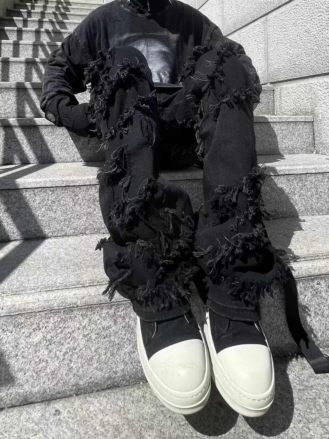 TRB Dark High Street RO Functional Wind Double-layer Knife Cut Damaged Micro-flared Trousers Erosion Ribbon Loose Jeans - OrientDig Spreadsheet