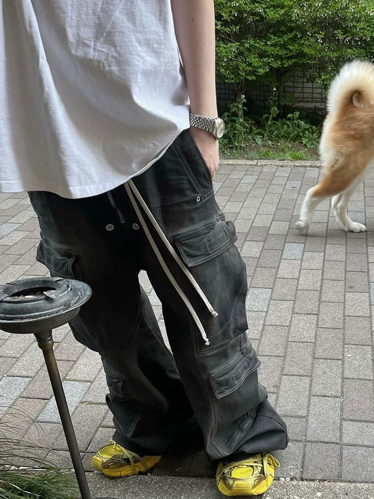 Ro acbt washed smoke gray gradient multi-pocket workwear straight casual drawstring wide-leg flared jeans men - OrientDig Spreadsheet