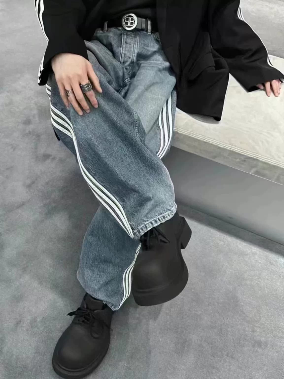 BLCG 23ss new joint AD large baggy three-bar washed show straight-leg jeans - OrientDig Spreadsheet