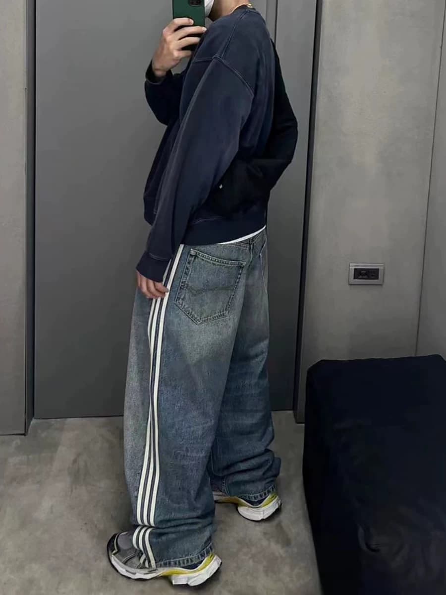 American-style 23ss washed striped wide-leg jeans men's three bars high street fashion brand loose straight all-matching wide-leg pants - OrientDig Spreadsheet