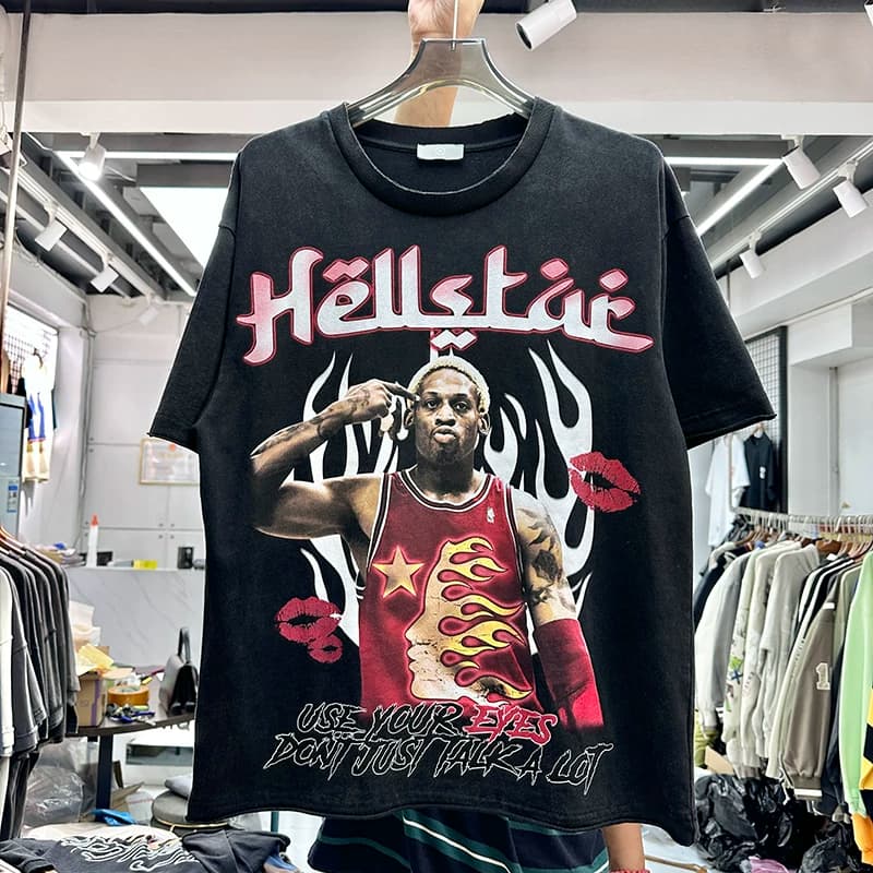 Heavy American Rodman print trendy T-shirt for summer men and women loose hip-hop retro distressed double collar short sleeves - OrientDig Spreadsheet