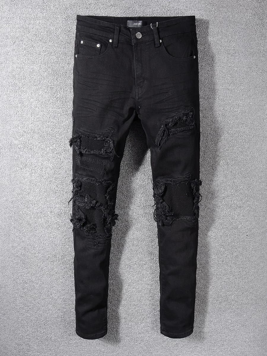 High street fashion brand AMR black jeans men's scratched holes patch beggar pants elastic slim fit skinny pants - OrientDig Spreadsheet