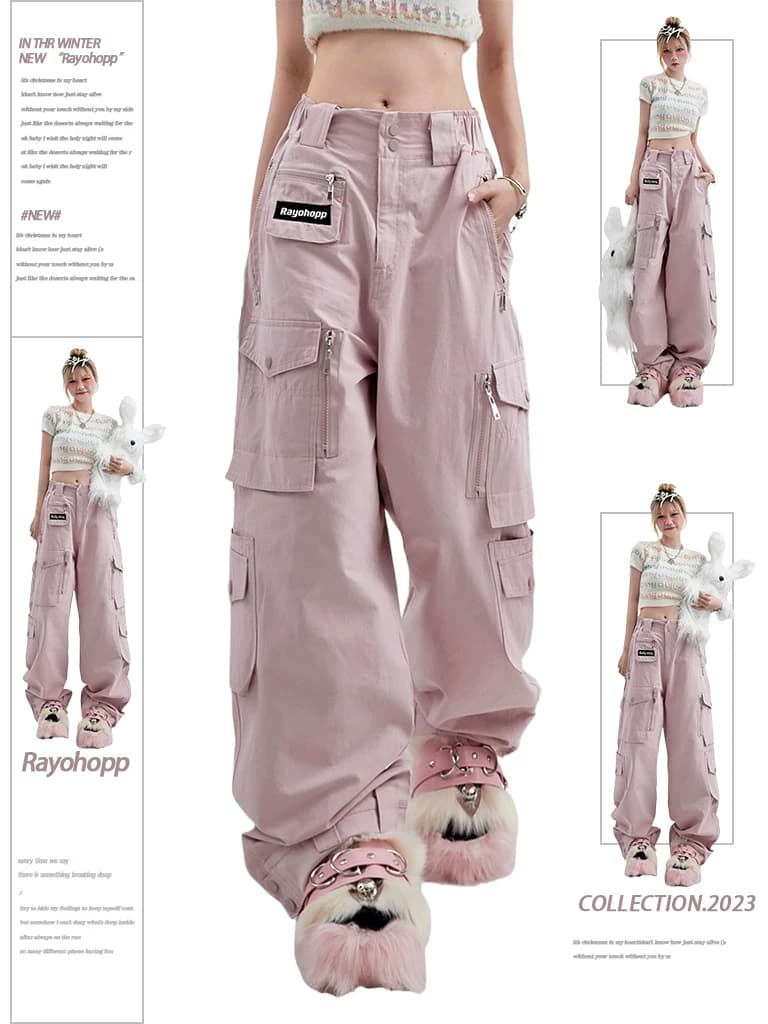 Rayohopp pink overalls women's summer dopamine wear dance trendy brand pocket decoration straight casual pants - OrientDig Spreadsheet