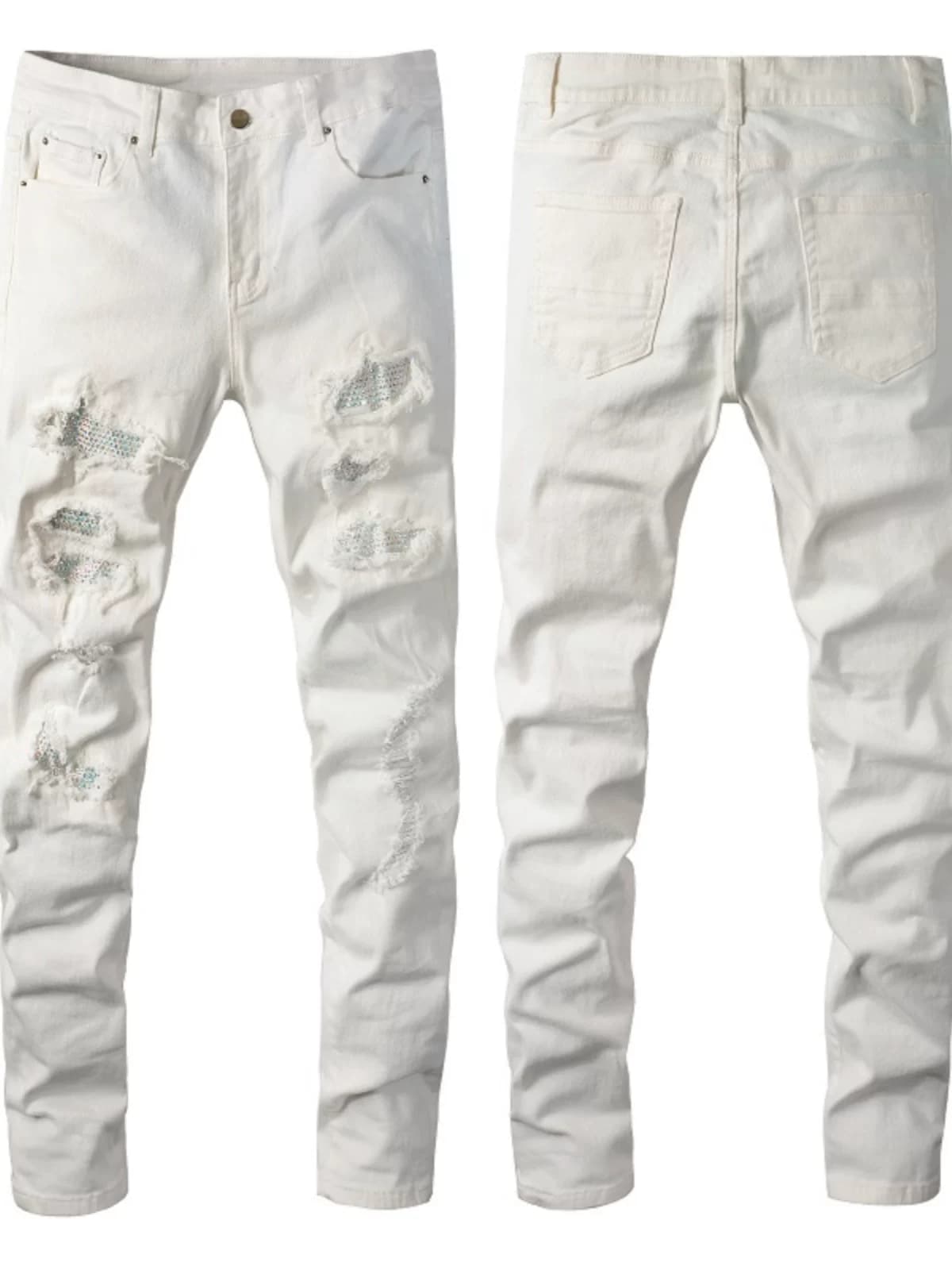 New European and American high street Internet celebrity brand hot diamond patch hole elastic slim fit white skinny jeans for men - OrientDig Spreadsheet
