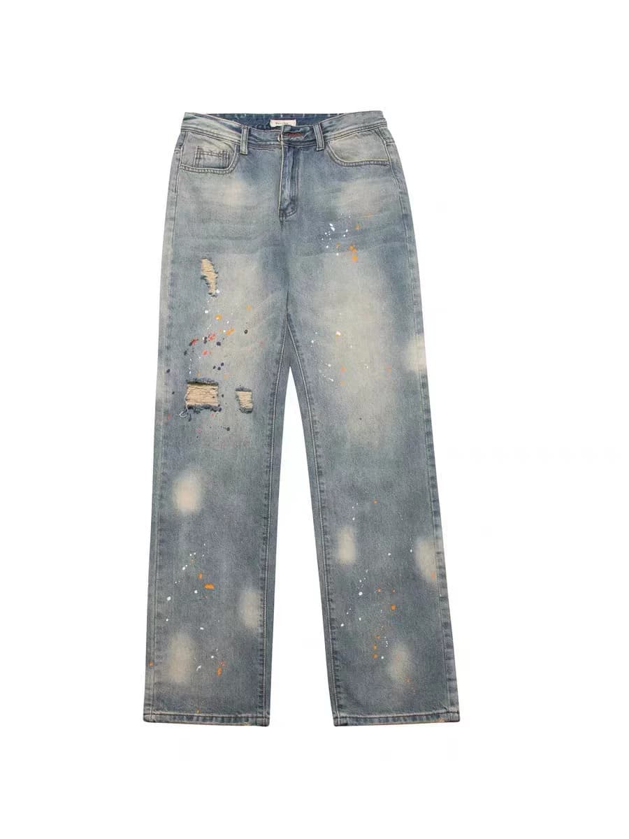 American street vibe style splash-ink washed distressed high street ripped jeans ins men and women loose straight trousers - OrientDig Spreadsheet