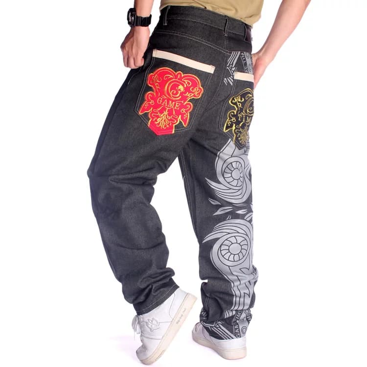 European and American trendy brand hip-hop HIPHOP street dance denim trousers trendy men's graffiti embroidery loose casual skateboard pants - OrientDig Spreadsheet