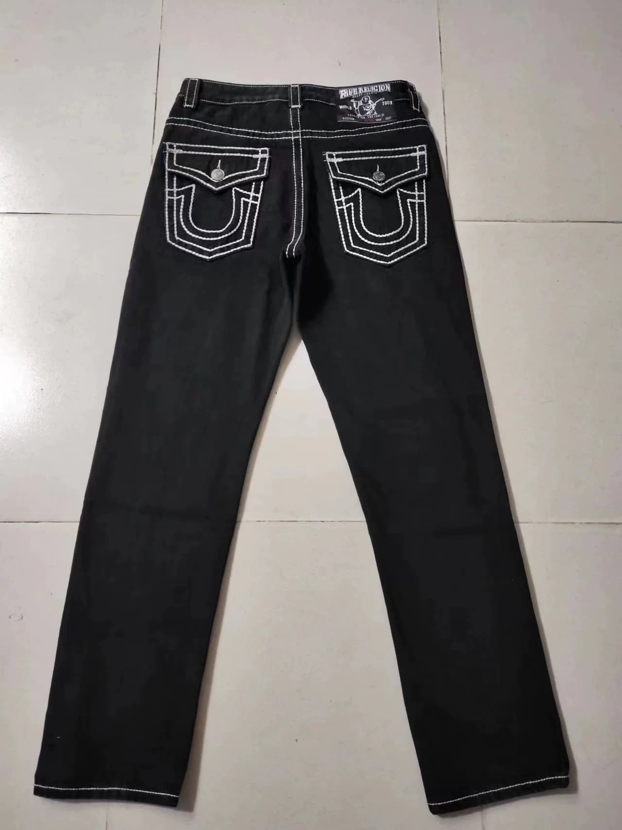 American trendy brand religious belief jeans men's Buddha large size white thick line loose straight Maitreya Buddha casual trousers - OrientDig Spreadsheet