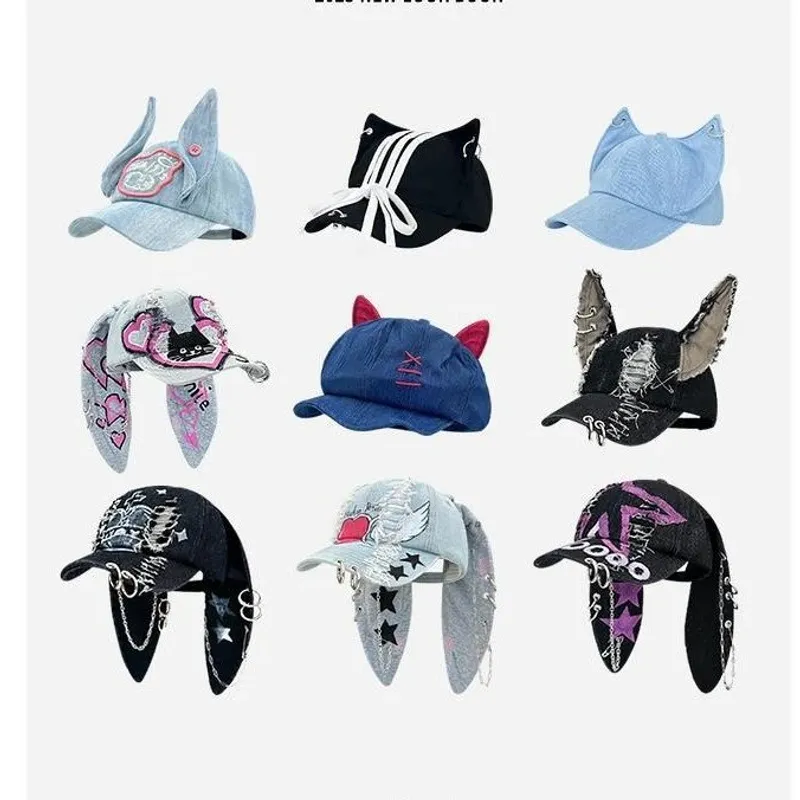 Korean newjeans same style rabbit ears washed hole denim baseball cap female hip hop hot girl street style peaked cap 27