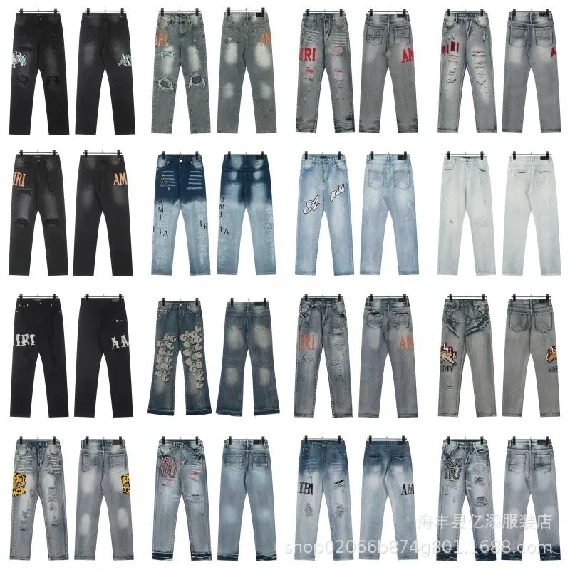 Cross border foreign trade am American high street ripped patch letter embroidery washed slim straight leg jeans trousers 39