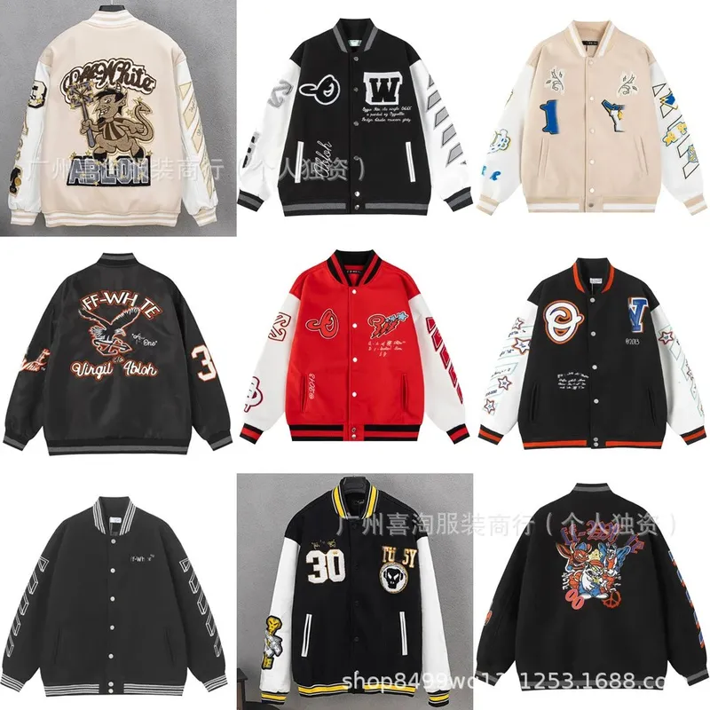 High version OF home 25SS autumn and winter new OW letter pattern leather towel embroidered baseball uniform men s and women s jackets 19