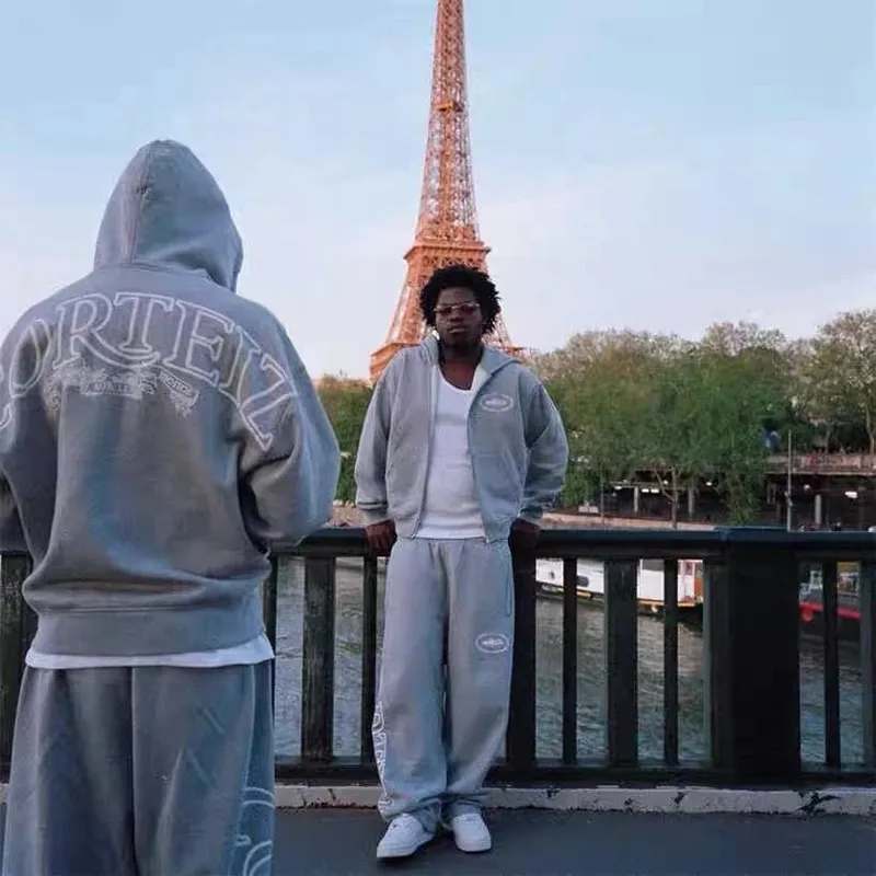 C-orte-iz美式街头嘻哈印花灰色加绒拉链开衫连帽卫衣男潮套装外套 (22)